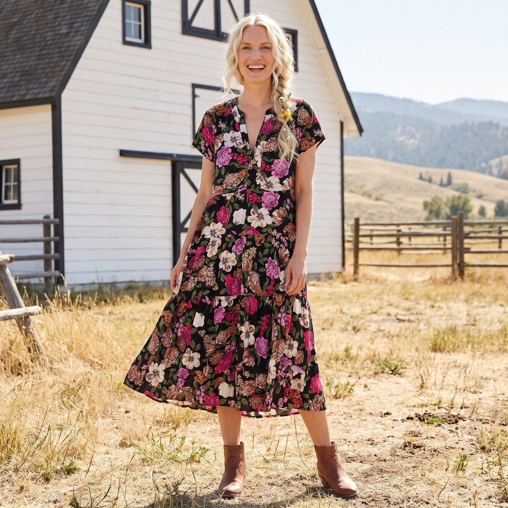 Maeve Anthropologie Floral Tiered Dress Womens M Black Pink Boho Cottagecore
